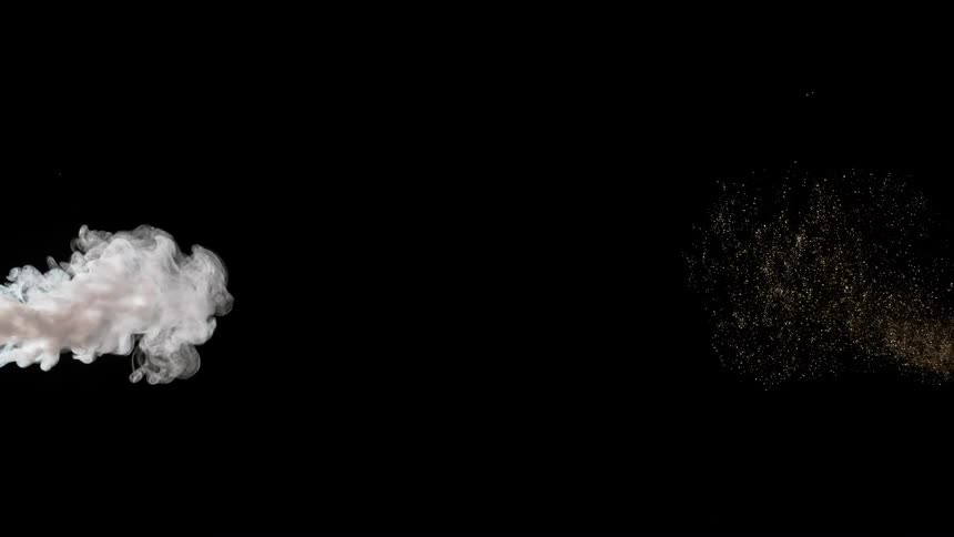White smoke cloud moving against a spread of golden particles on a black background