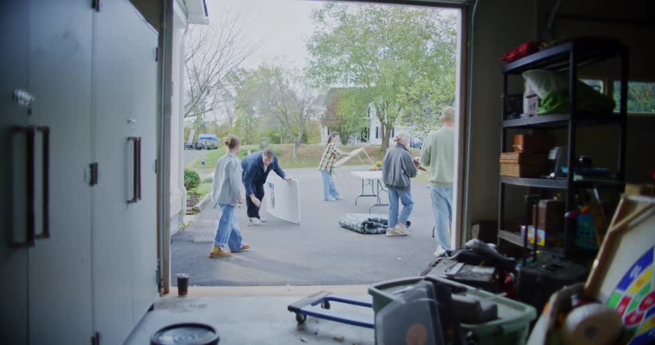 A wide static shot from inside a garage frames several people carrying and setting up folding tables and other items in the driveway outside preparing for a sale