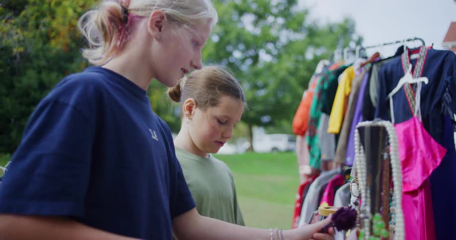 Two young girls are browsing a selection of necklaces and jewelry on a display stand at an outdoor flea market with clothes hanging nearby on a rack