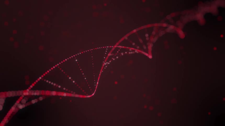 A glowing red abstract dna helix spirals with floating particles against a dark background