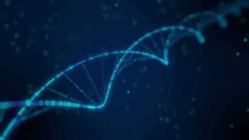 Constructed from glowing cyan particles a stylized dna double helix rotates smoothly against a deep blue void filled with drifting specks of light