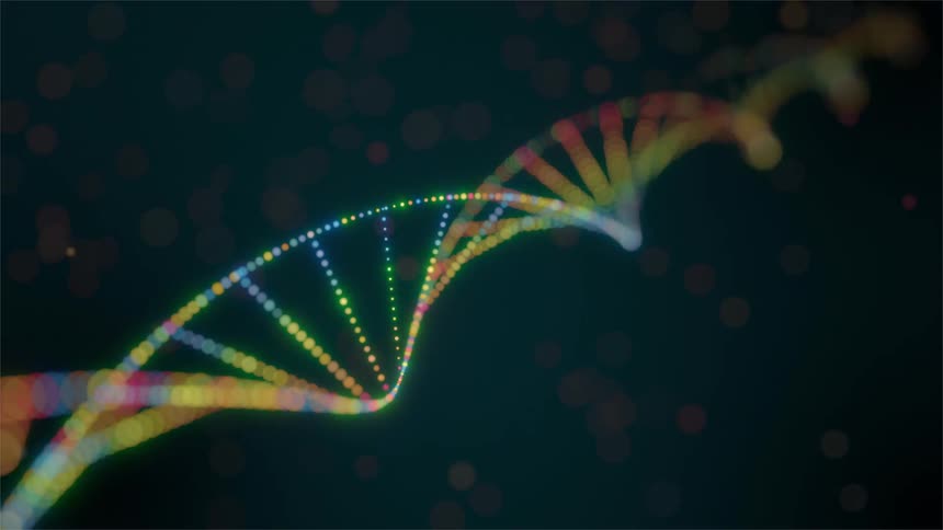 A stylized dna strand formed from vibrant multicolored points of light rotates slowly against a deep dark background filled with subtle floating particles