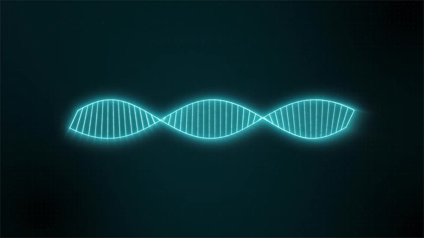 Digital illustration shows a stylized double helix in bright blue against a dark background