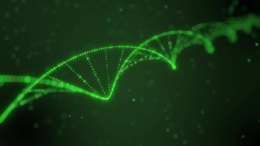 A digital animation shows a rotating double helix structure of dna made of glowing green dots on a dark background with floating particles