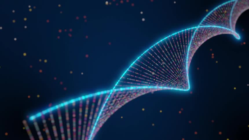 A digital animation shows a rotating double helix structure of dna made of glowing multicolored dots with a bright blue neon spine on a dark background with floating particles