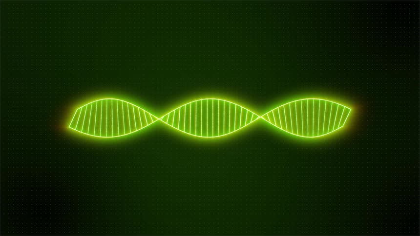 A futuristic neon green wireframe double helix structure pulses and rotates slowly on a dark background with a grid of small dots