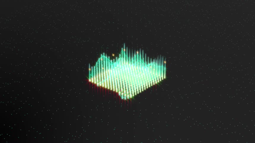 A neon green 3d audio visualizer composed of vertical light bars floats against a dark background of moving dots