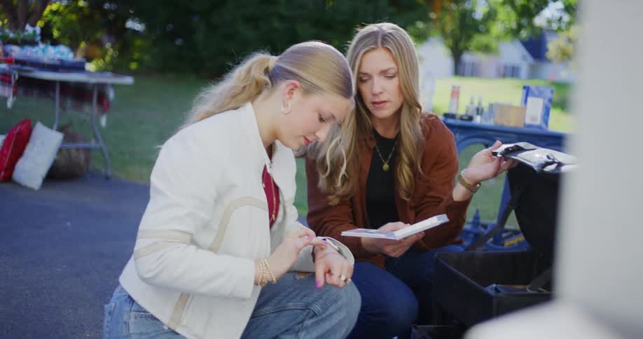 Two young women browse through items at an outdoor garage sale