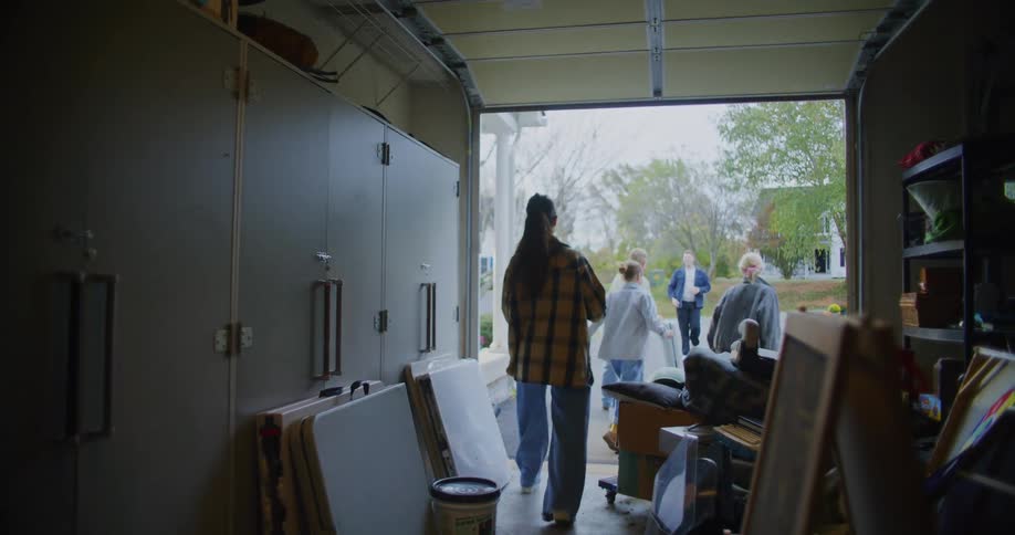 Friend greets the family with hugs as the family sets up a table in the driveway on an autumn day