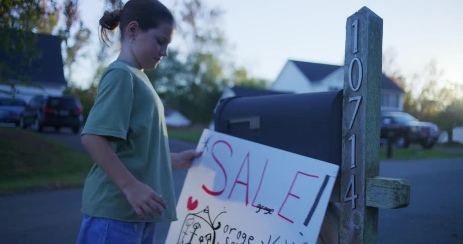 This video shows a girl putting up a sign for a sale for a garage sale tomorrow sunday next to a mailboxthe sign is handwritten in red and black markers and secured to the post of the mailbox which has the number 10714 on it