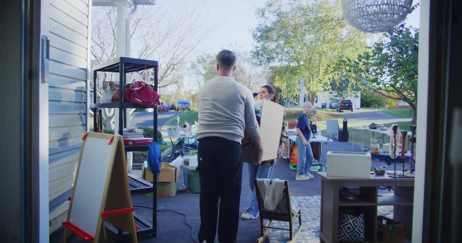 A couple carries a large heavy cardboard box filled with pillows and items toward the interior of a garage filled with yard sale overflow before giving each other a high five