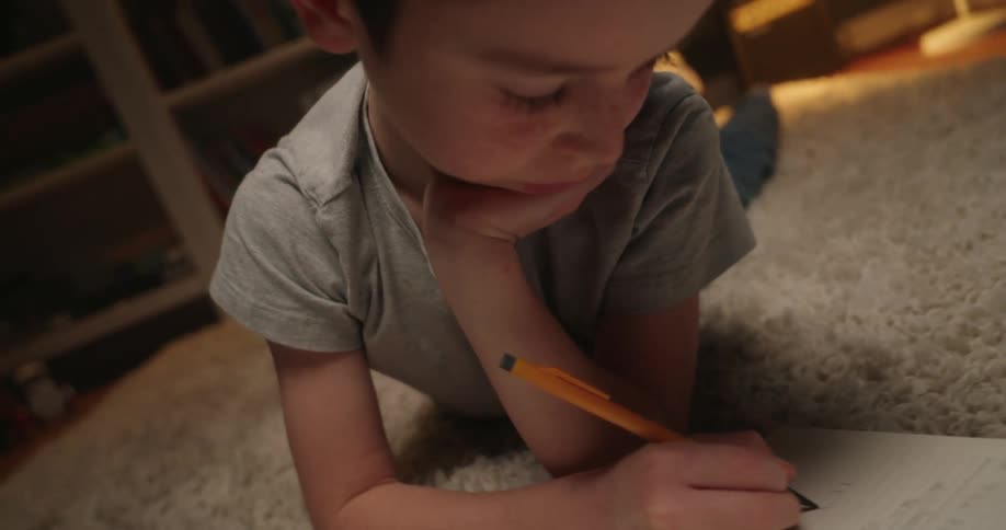 A young boy is lying on a white shaggy rug surrounded by open books and papers as he focuses on writing in a notebook he props his head up with one hand while using a yellow pencil to write in the warm indoor light