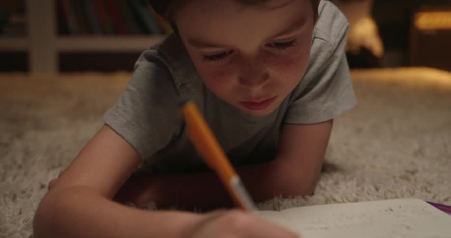 A young boy with freckles is shown lying on his stomach on a shaggy lightcolored rug surrounded by books and papers he is intently writing in a notebook with an orange pen likely working on homework or drawing in a cozy dimly lit room