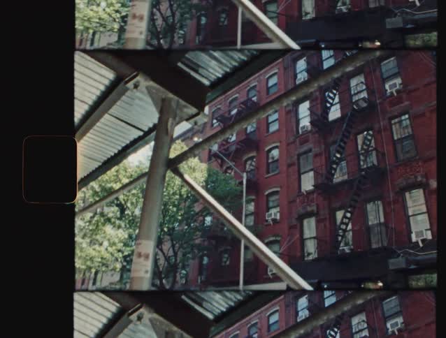 Red brick building with metal fire escapes appears behind trees