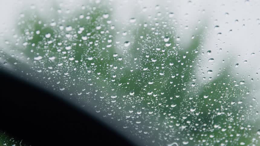 Raindrops gather on a windshield with blurred trees in the background