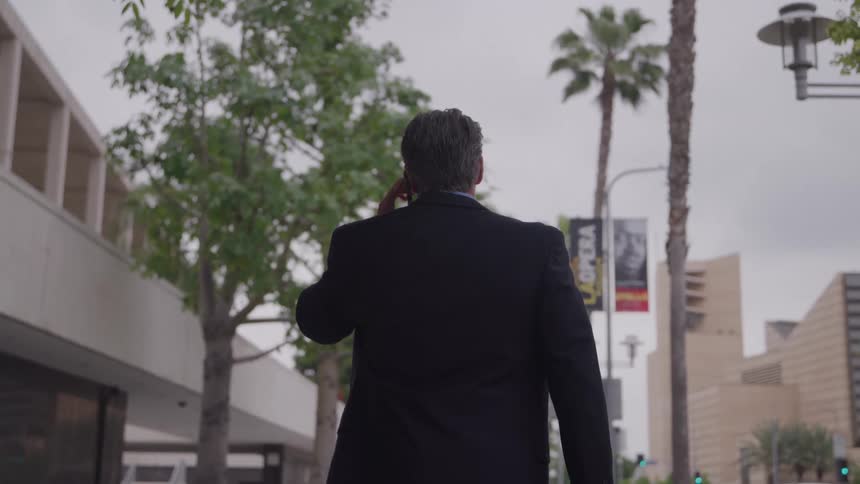A shot from behind shows a man in a black business suit walking away from the camera on a city sidewalk holding a phone to his ear while passing trees and urban buildings