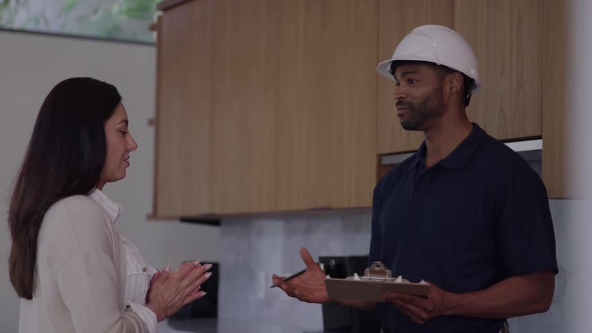 A woman presumably a homeowner is having a conversation with a male construction worker or contractor who is wearing a hard hat and a dark uniform shirtthe contractor is holding a clipboard and pen and is actively gesturing with one hand as he speaks