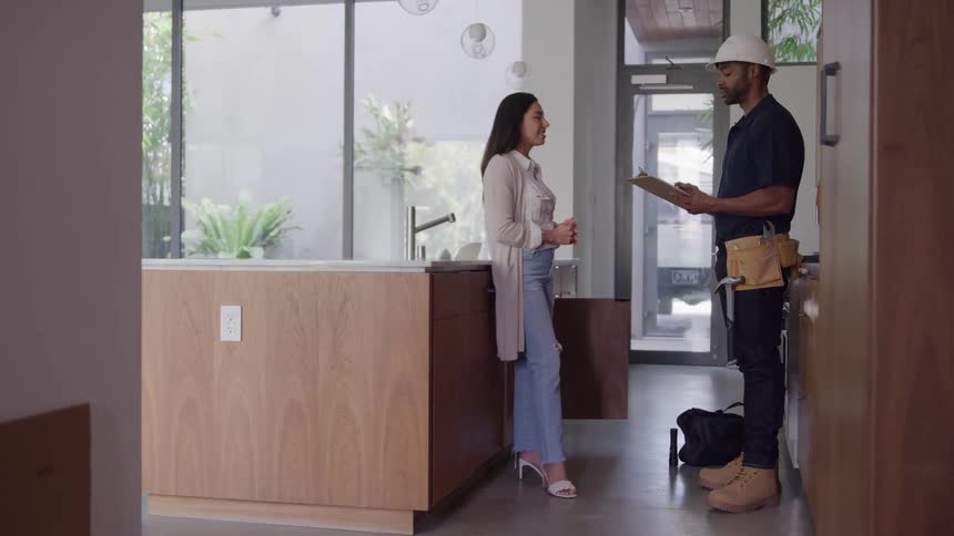 Woman talks with a worker wearing a hard hat and holding a clipboard inside a modern kitchen