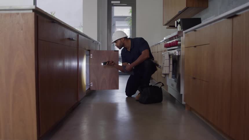 A contractor wearing a white hard hat kneels on the sleek concrete floor of a modern kitchen shining a bright flashlight into an open wooden cabinet to carefully inspect the interior