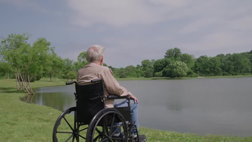 An elderly man viewed from the back sits in a wheelchair at the edge of a calm lake on a sunny day he is gazing out across the water towards the dense green trees lining the opposite shore