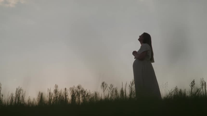 A young pregnant woman standing outdoors in a grass field at dusk