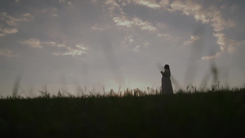 Pregnant woman standing in an open field with a cloudy sky in the background