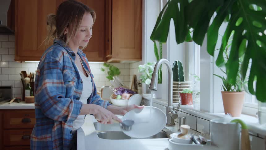 A young woman washing dishes under a running faucet in the kitchen during daytime
