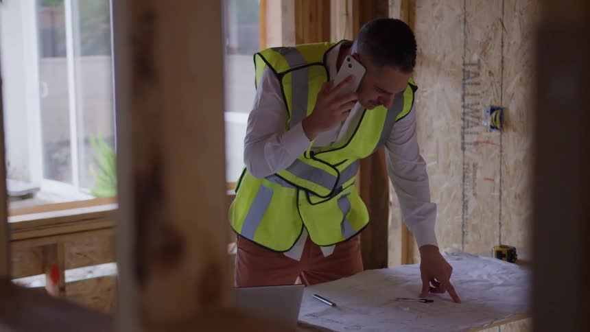 A man in a white shirt and neon safety vest stands inside a home under construction pointing at blueprints spread on a table while speaking on his mobile phone with wood framing and a hard hat visible nearby