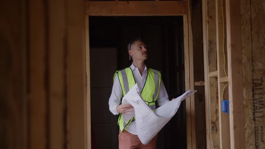 A man wearing a neon safety vest and white shirt stands in a framed wooden doorway holding blueprints looking up to inspect the structure of the residential construction site