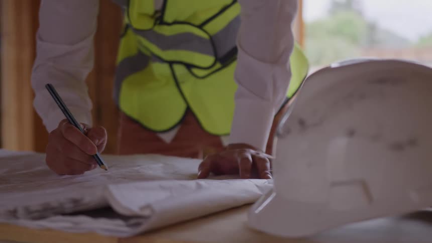 Close up of a young male construction worker editing a construction plan on a table indoors during daytime