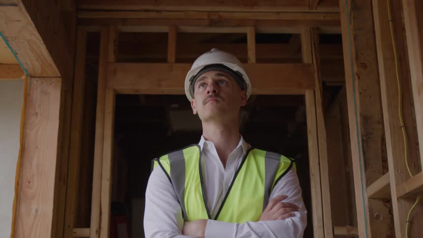 Person wearing reflective vest and white hard hat inspects wooden structure under construction
