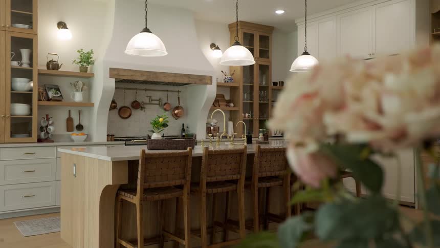 Pink flowers are in the kitchen