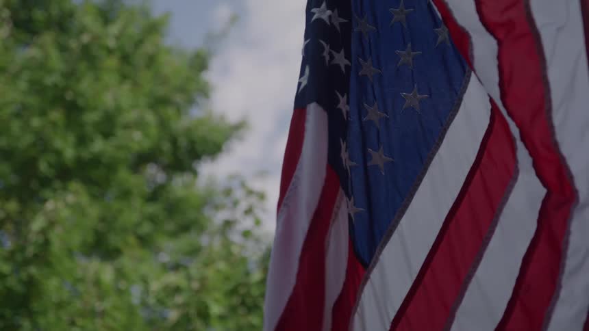 American flag moving in the breeze with a neighborhood tree in the distance
