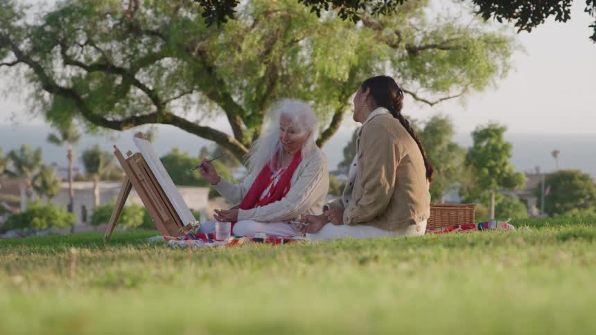 Two women sitting on the grass with one of them painting on an easel