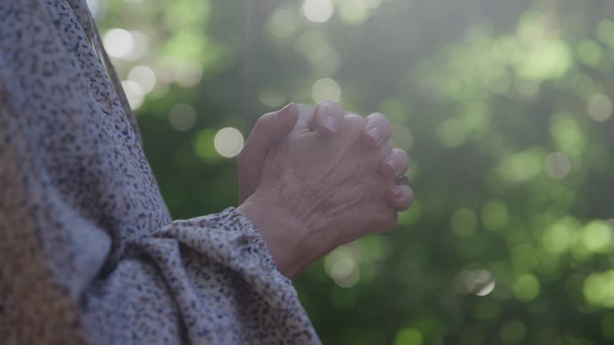 Interlaced hands in front of a blurred vegetation background