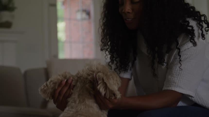 A woman gently leans down to pet a small fluffy dog inside a softly lit living room