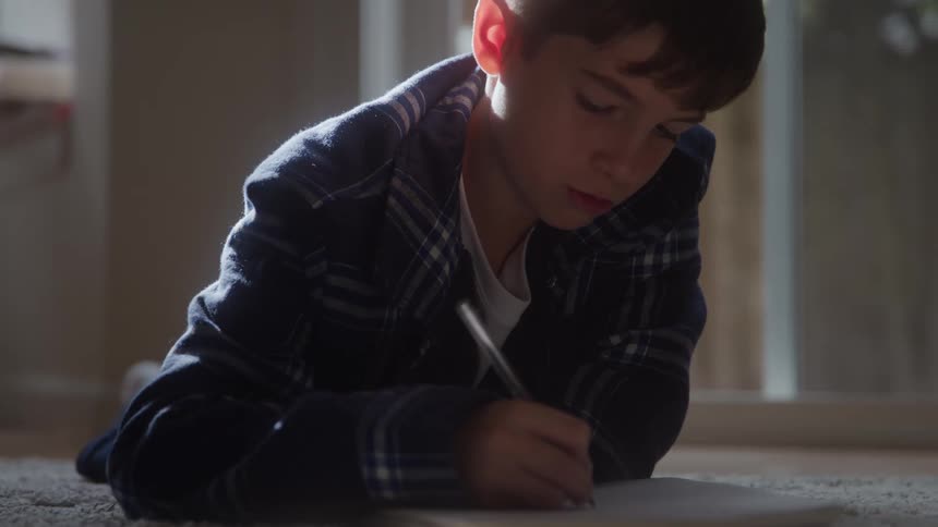 A boy is writing in a notebook while laying on the carpet