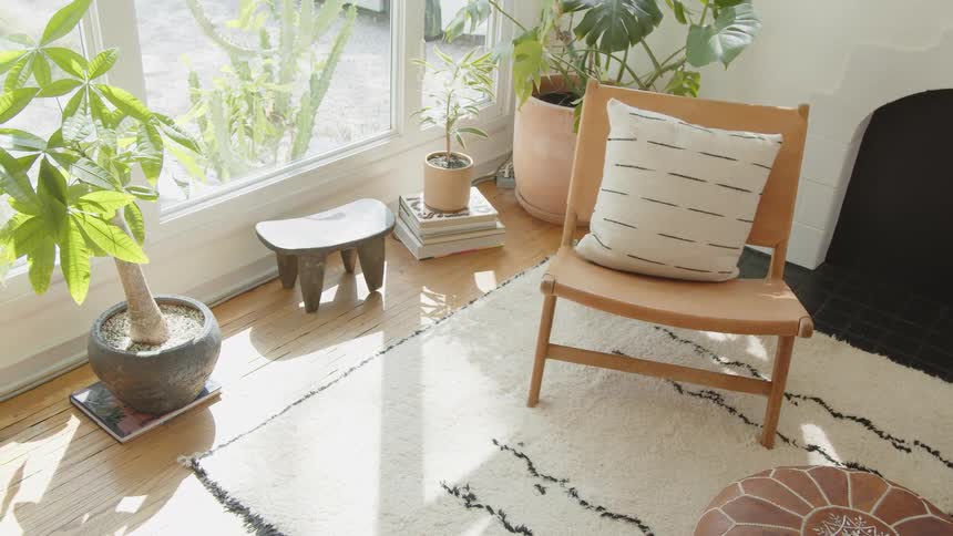 Sunlight streams through a corner window into a bright modern living space