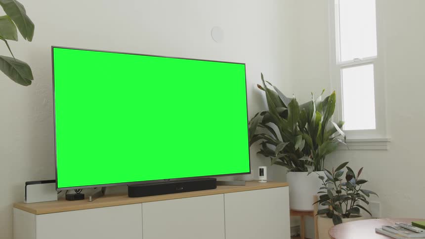 A large television with a bright green screen sits on a media console in a sunlit modern living room decorated with lush houseplants