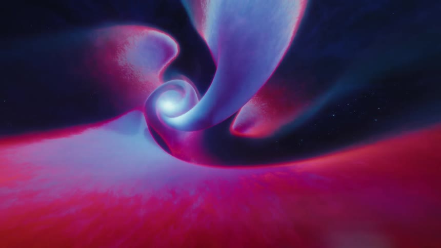 Space nebula forms an abstract swirling mass of reds and grays against the stars