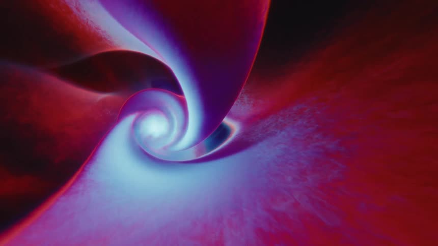 An abstract shape moving in a spiral pattern with purple and red colors