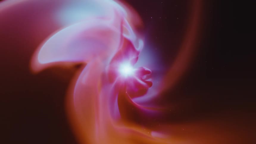 An abstract visually dynamic sequence of light and color that evolves from a warm orange glow into a pink abstract shape in the dark void