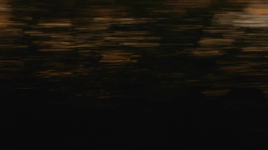 Landscape in motion under an orange dusk sky
