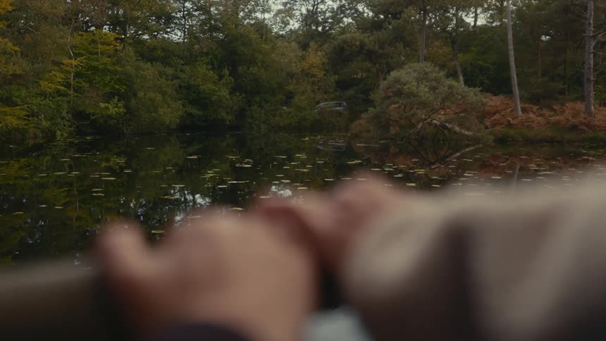 A person holding a bridge railing watching still water surrounded by trees at midday