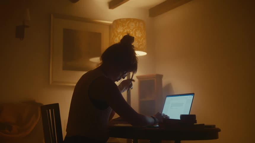 The silhouette of a woman sitting in front of a laptop while spinning a pen