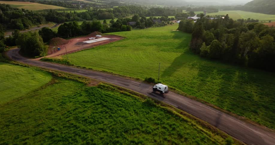 An aerial view of a van outdoors