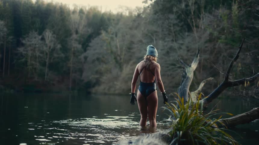 Woman stepping into a cold lake surrounded by forest