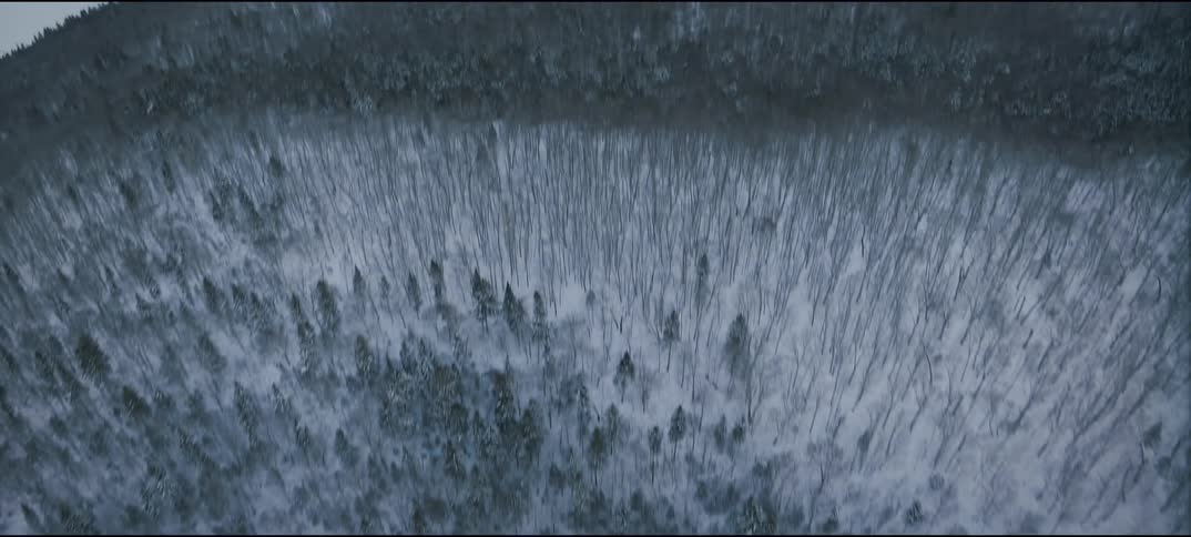 Aerial landscape shows a frozen lake beside a range of snowcovered mountains
