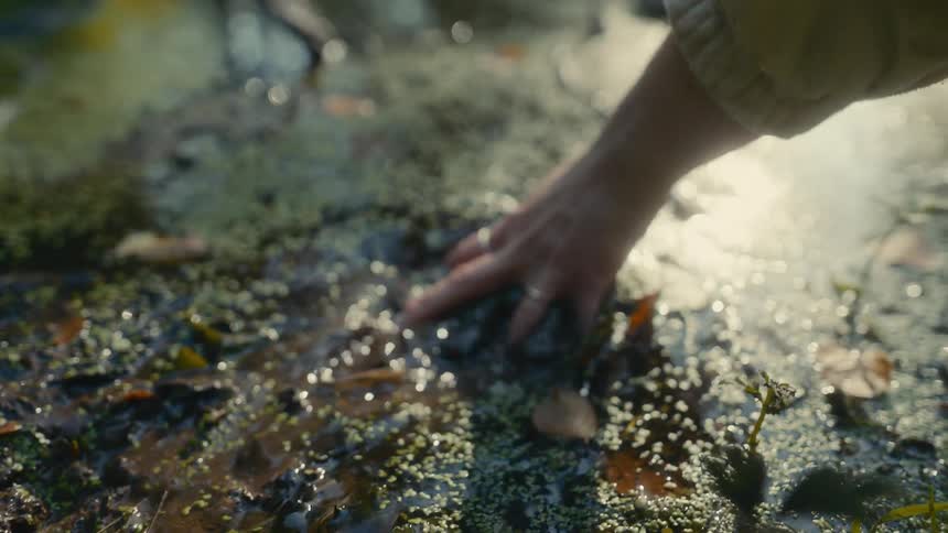 A person runs their hand through algaefilled water