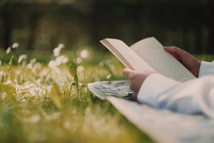 A person lying on a blanket in a sunlit grassy field turns the page of a book